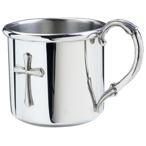 Easton Baby Cup with Cross 2.25 Height x 3.5 Width

Pewter Care:
Wash your pewter in warm water, using mild soap and a soft cloth. Dry with a soft cloth. Your pewter should never be exposed to an open flame or excessive heat. Store your pewter trays flat, cups upright, etc. to prevent warping. 

Do not wrap pewter in anything other than the original wrapping to prevent scratching. Never wrap pewter in tissue paper, as fine line scratching will occur. Never put pewter in a dishwasher. Hand wash only
